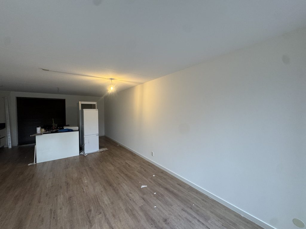 Lange woonkamer met laminaatvloer en een strak afgewerkte witte wand tot aan de open keuken